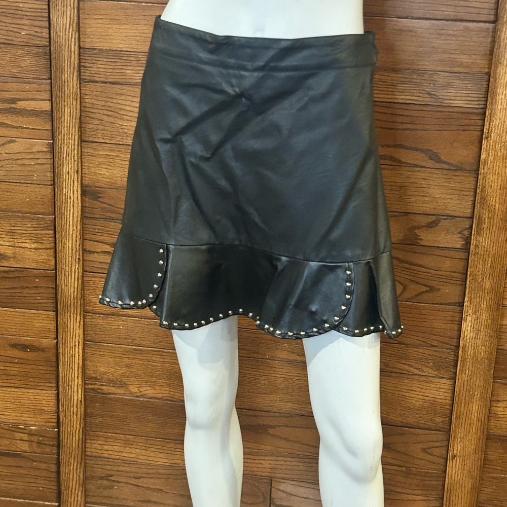 FATE Medium. Black Faux Leather Skirt with Studded Hem